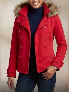 Women's Red Double-Breasted Peacoat with Faux Fur Trimmed Hood